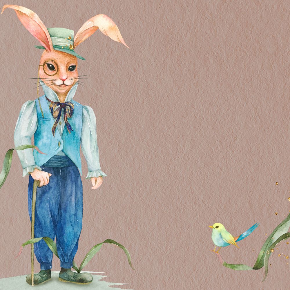 Vintage rabbit character, brown background, editable watercolor illustration