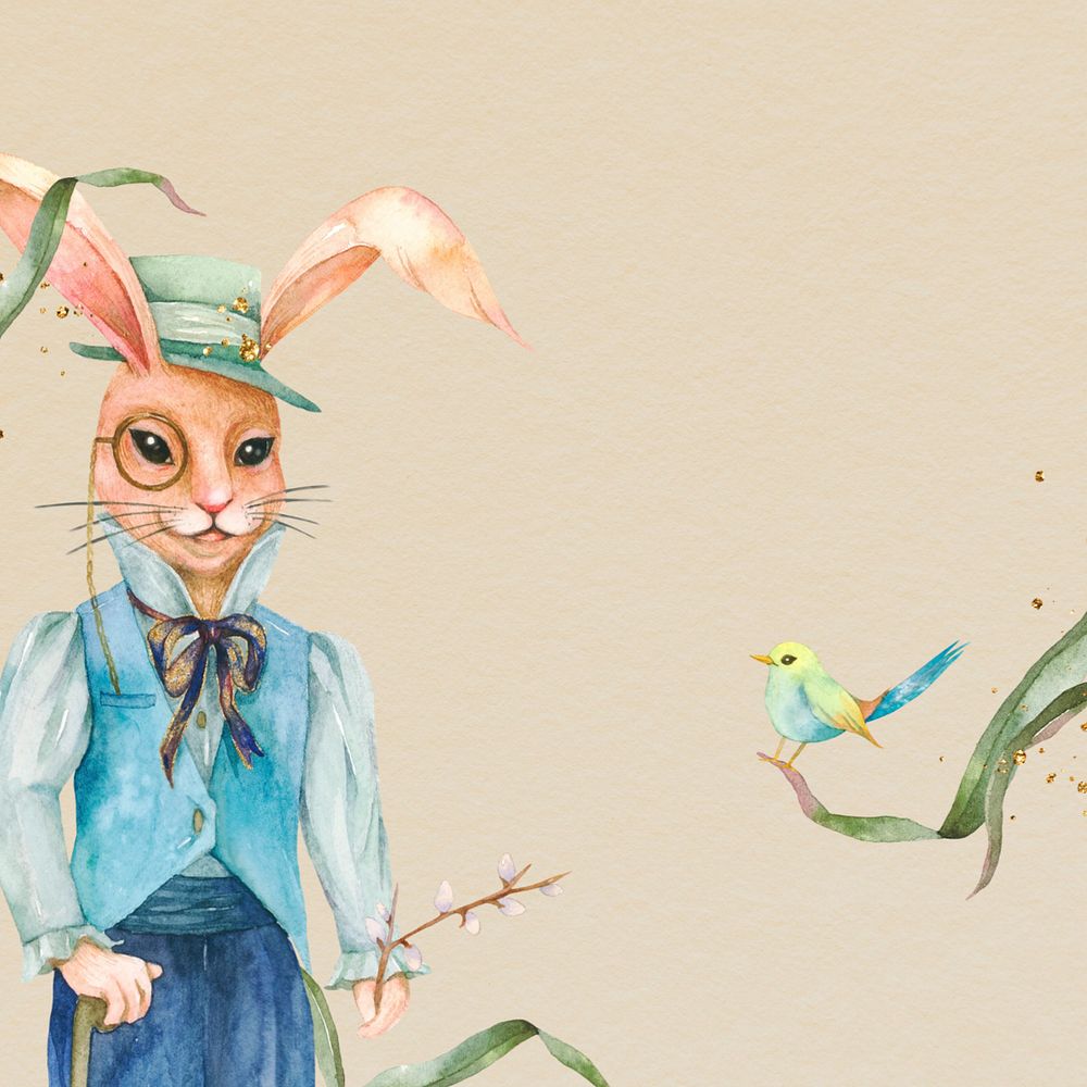 Vintage rabbit character & bird background, editable watercolor design