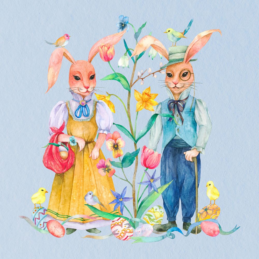 Rabbit characters couple, blue background, editable vintage watercolor design