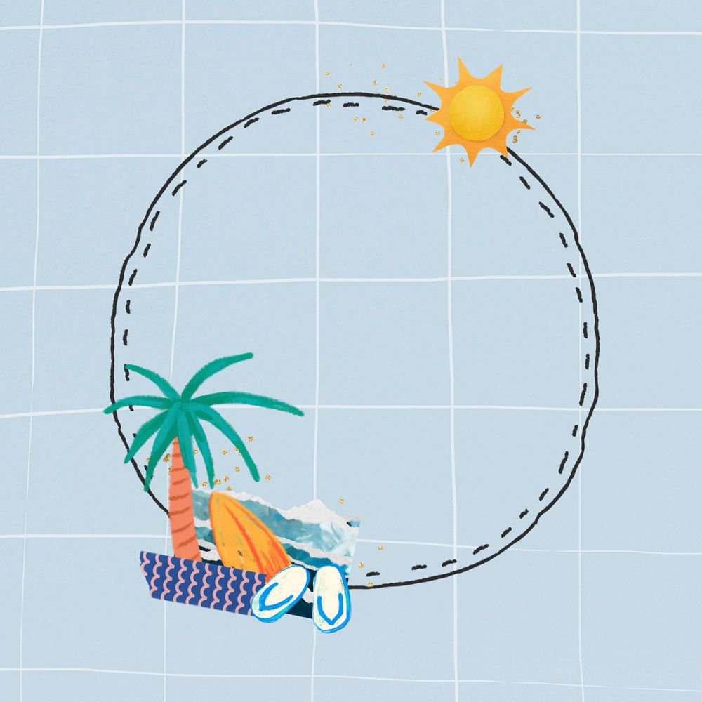 Summer palm tree round frame, editable collage design