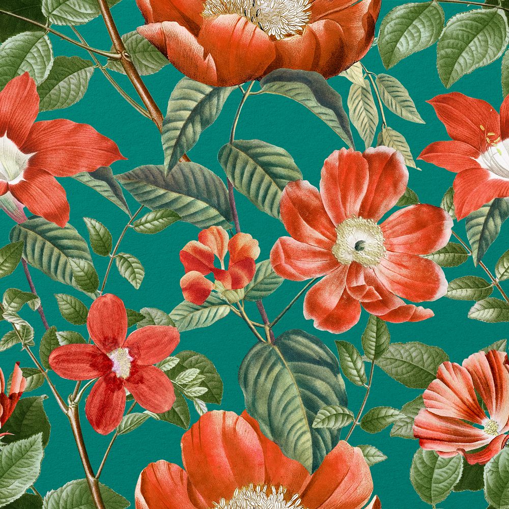 Vintage red flower pattern, editable aesthetic botanical illustration by Pierre Joseph Redouté. Remixed by rawpixel.