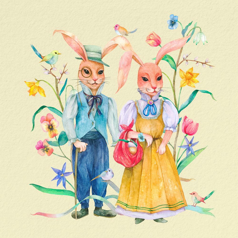 Spring rabbit characters, yellow background, editable pastel design