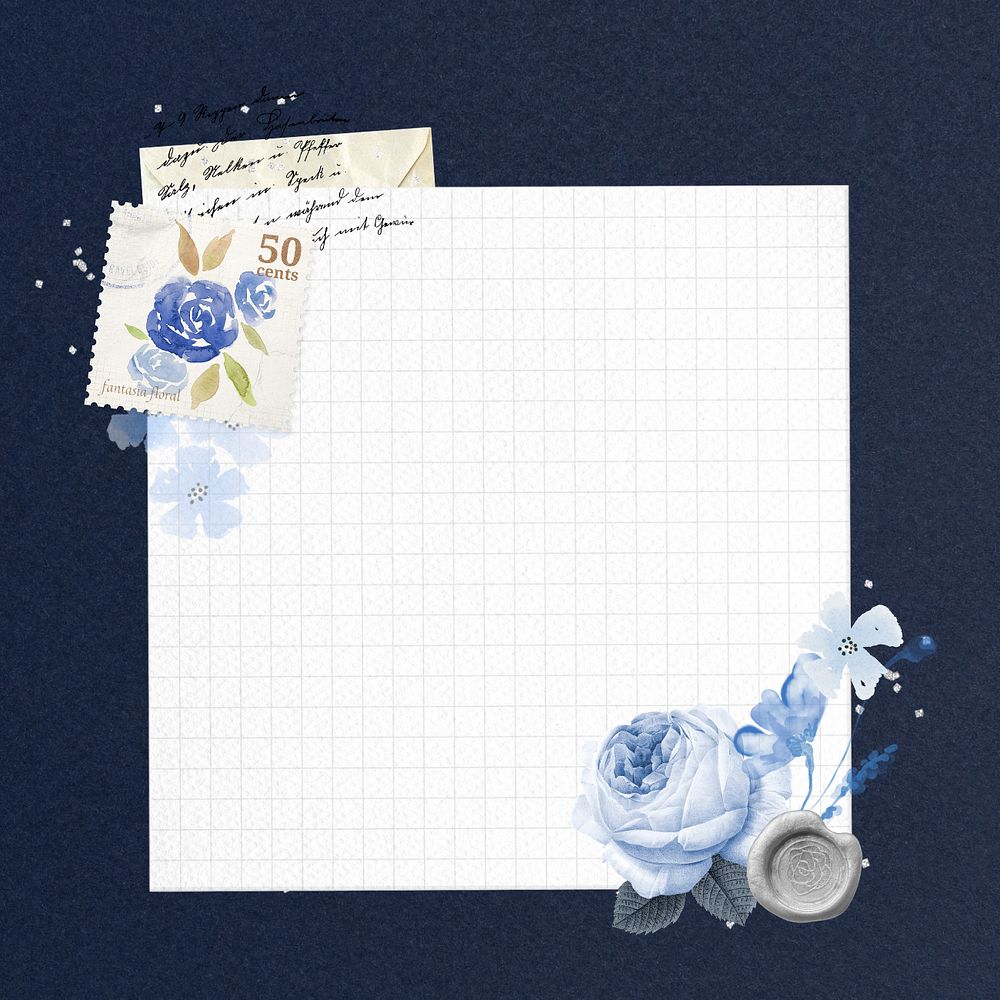 Editable grid paper, vintage blue rose border collage element remix design