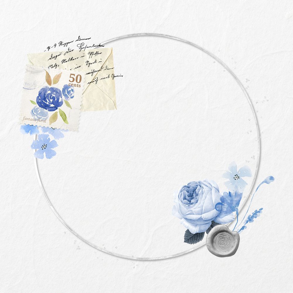 Editable round frame, vintage blue rose collage element design