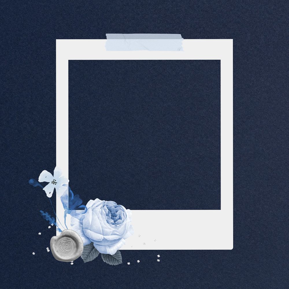 Vintage rose instant film frame, editable blue collage element remix design