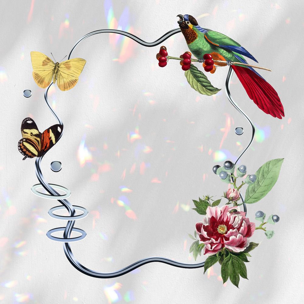 Butterfly & bird frame, silver holographic botanical editable design