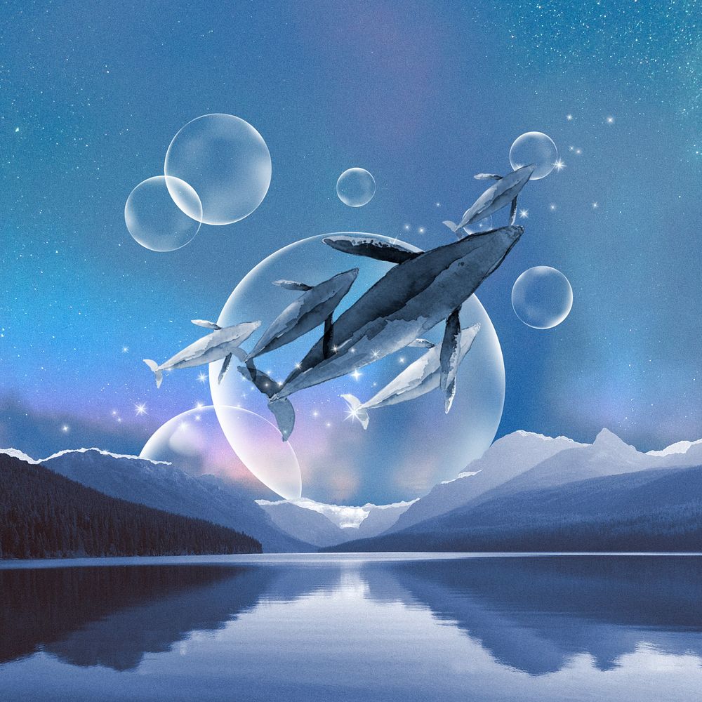 Flying whale watercolor background, nature aesthetic illustration, editable design