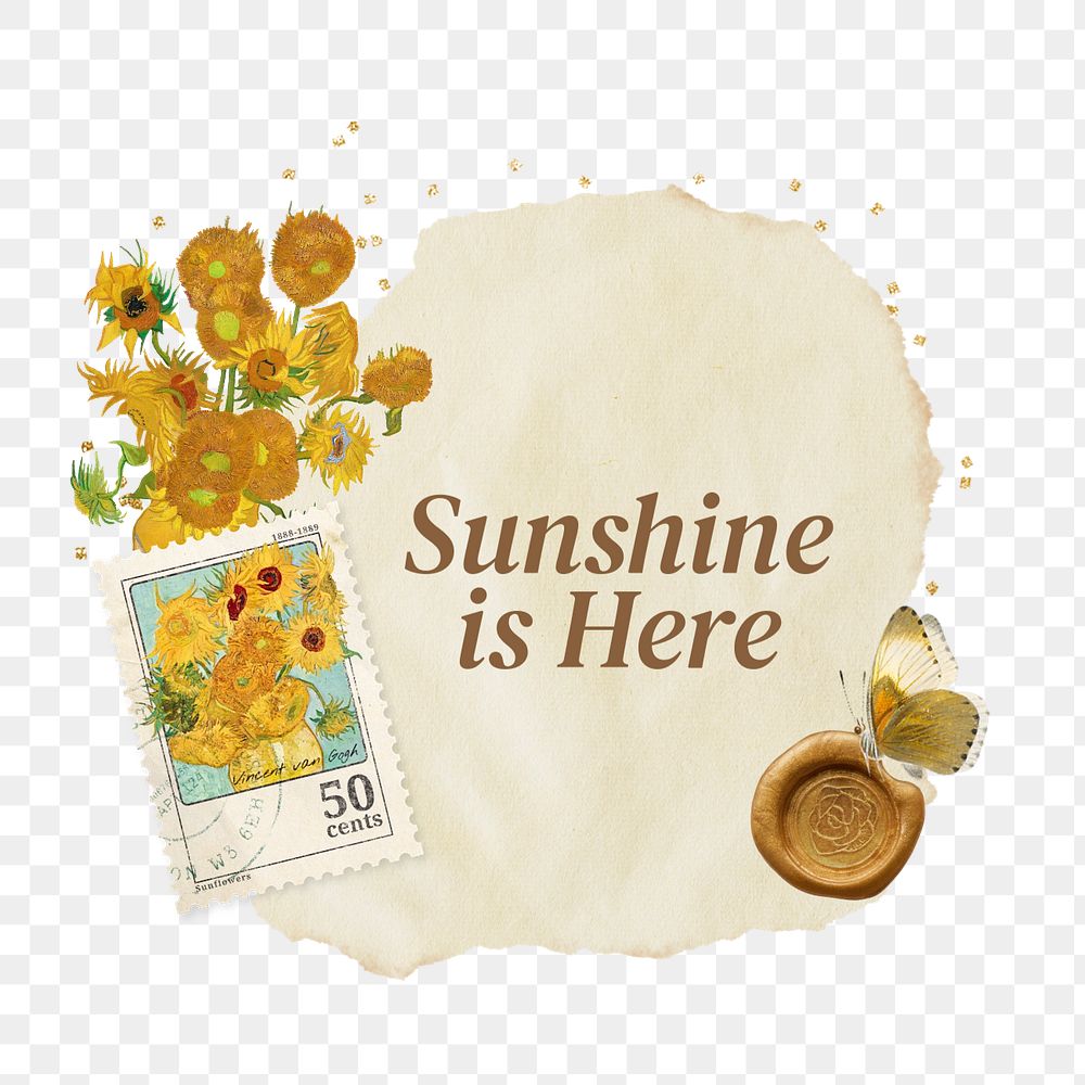 Van Gogh's Sunflowers notepaper element, editable Sunshine is here words collage design