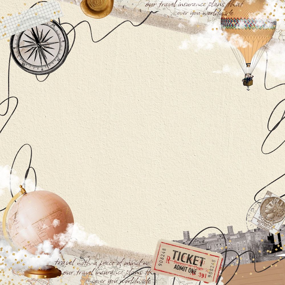 Aesthetic travel frame beige background, editable spinning globe collage design