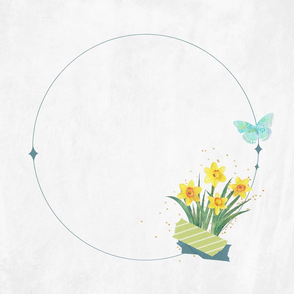 Editable Spring round frame, daffodil flower collage element remix design