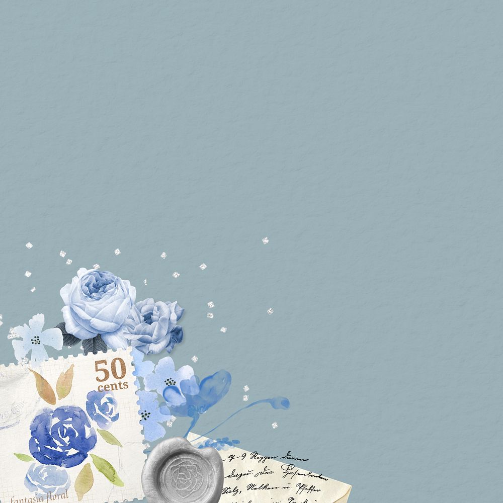 Editable blue background, vintage rose collage element remix design