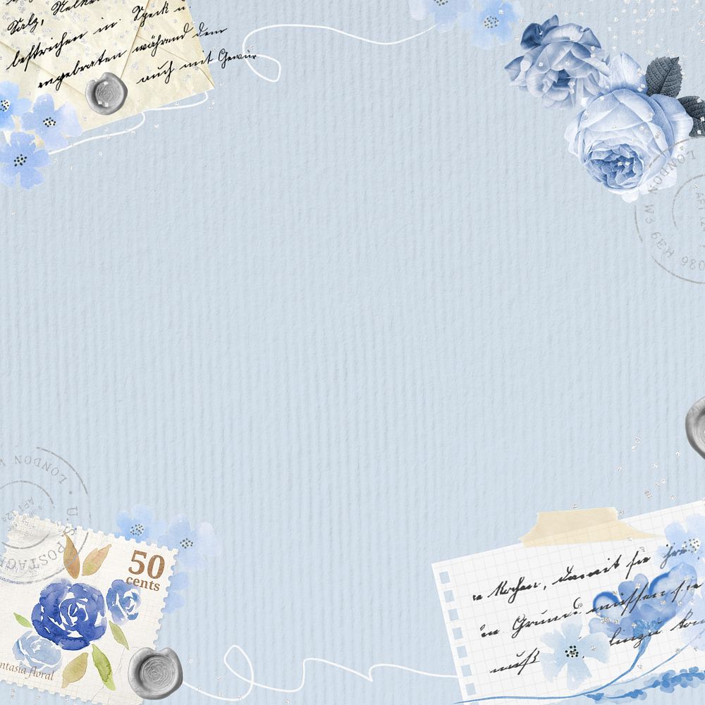 Vintage blue rose border, editable blue background collage element remix design