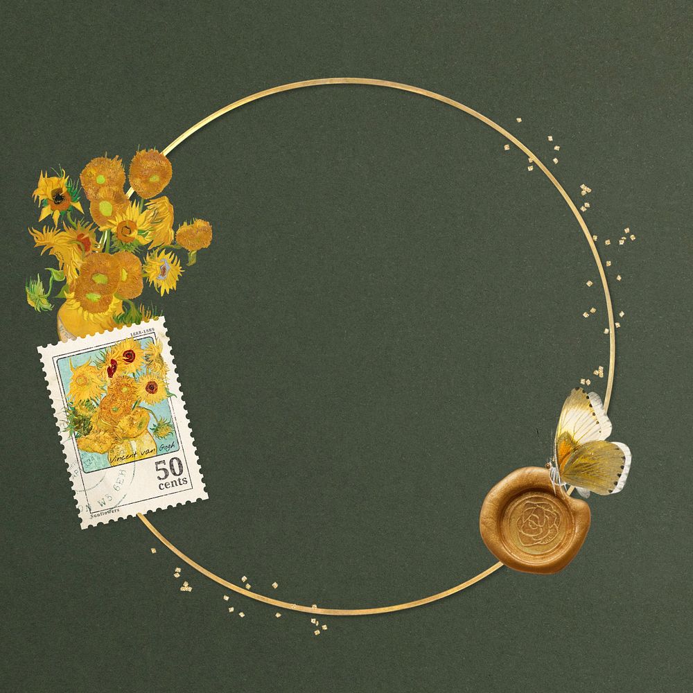 Van Gogh's Sunflowers frame, editable gold round aesthetic, remixed by rawpixel