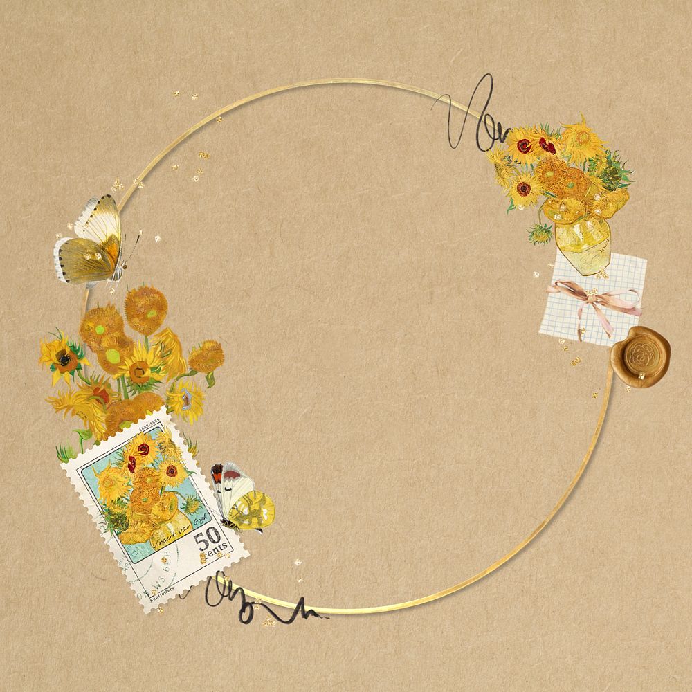 Van Gogh's Sunflowers frame, editable aesthetic gold round, remixed by rawpixel