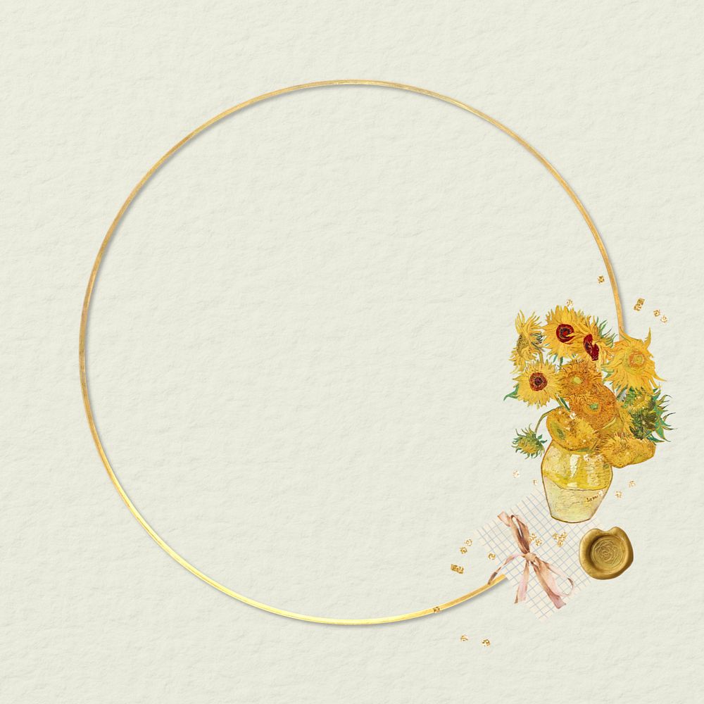 Van Gogh's Sunflowers frame, editable aesthetic gold round, remixed by rawpixel