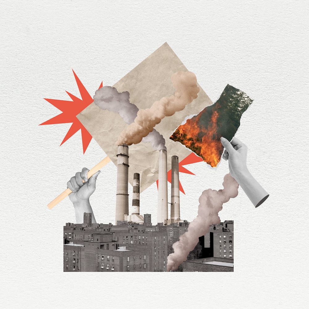 Air pollution factory, hands destroying environment remix, editable design