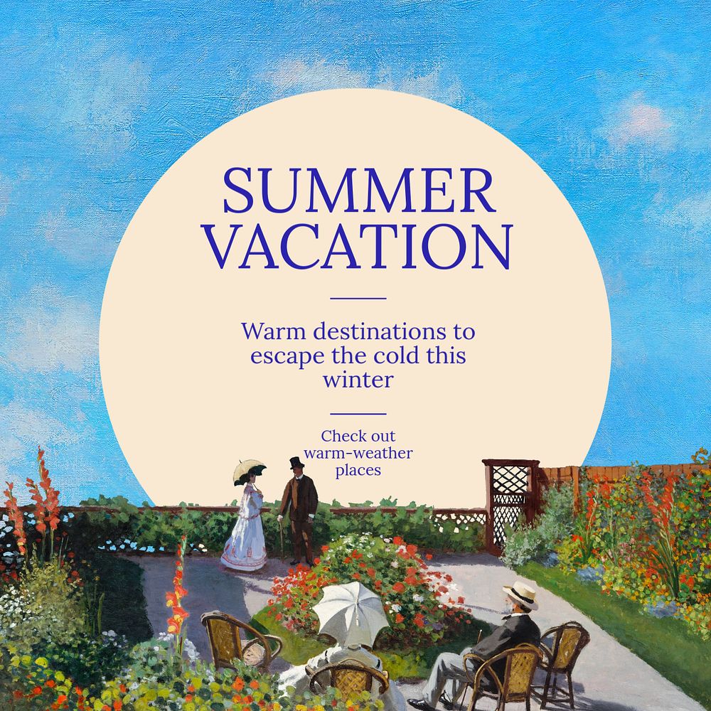 Summer vacation Instagram post template, editable design. Artworks by Claude Monet, remixed by rawpixel.