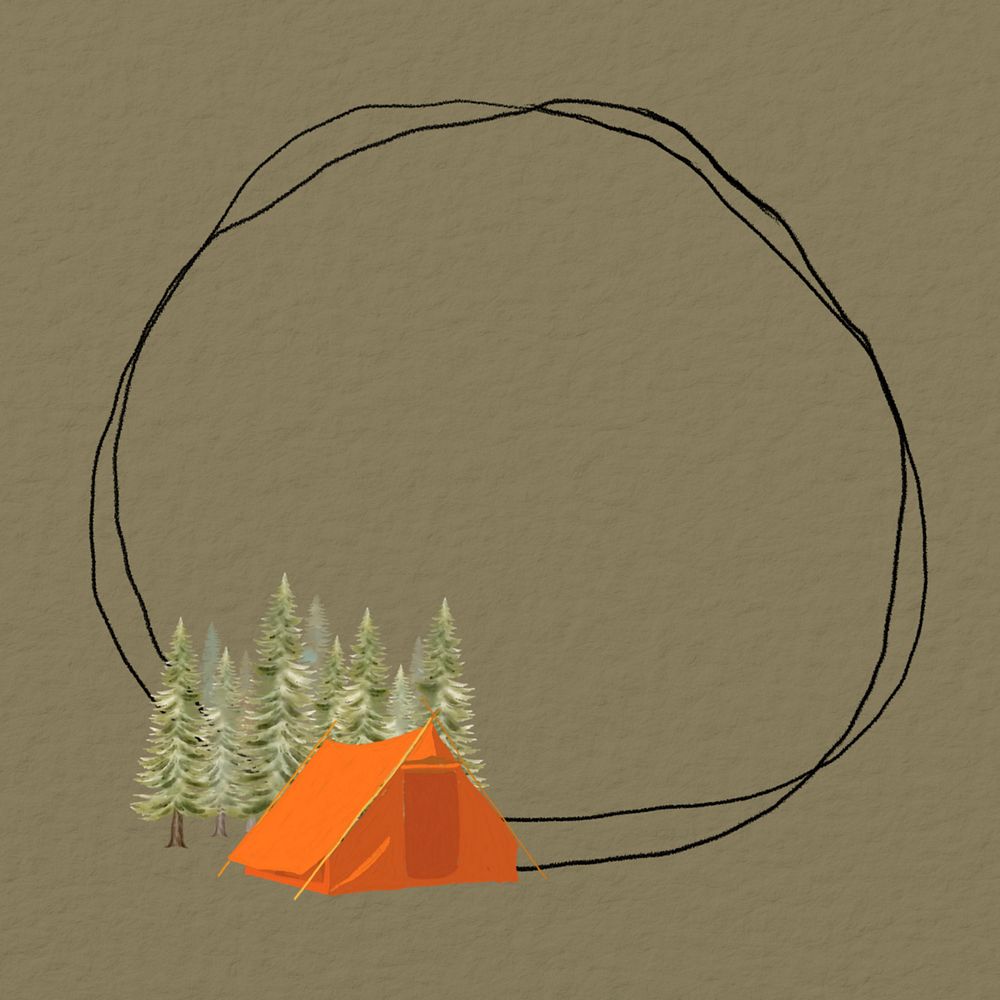 Editable travel round frame, camping tent doodle design