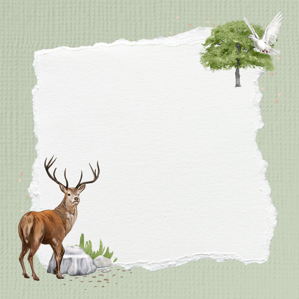 Editable off-white ripped paper, stag deer animal collage design