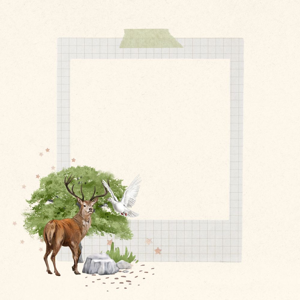 Environment instant film frame, editable deer collage element remix design