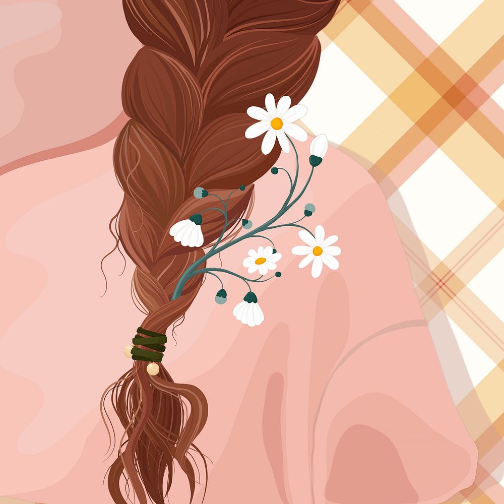 Aesthetic flower & hair, checkered background, editable feminine illustration