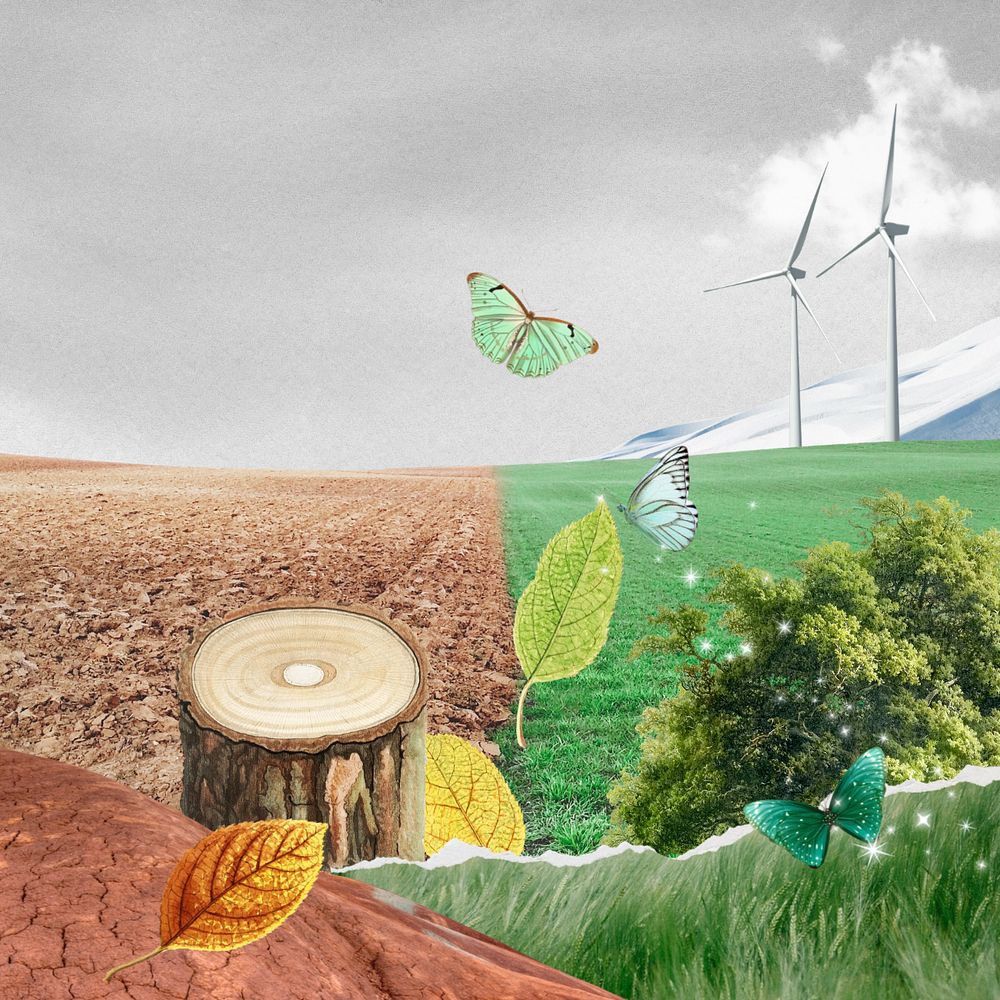 Wind turbine farm background, surreal environment remix, editable design