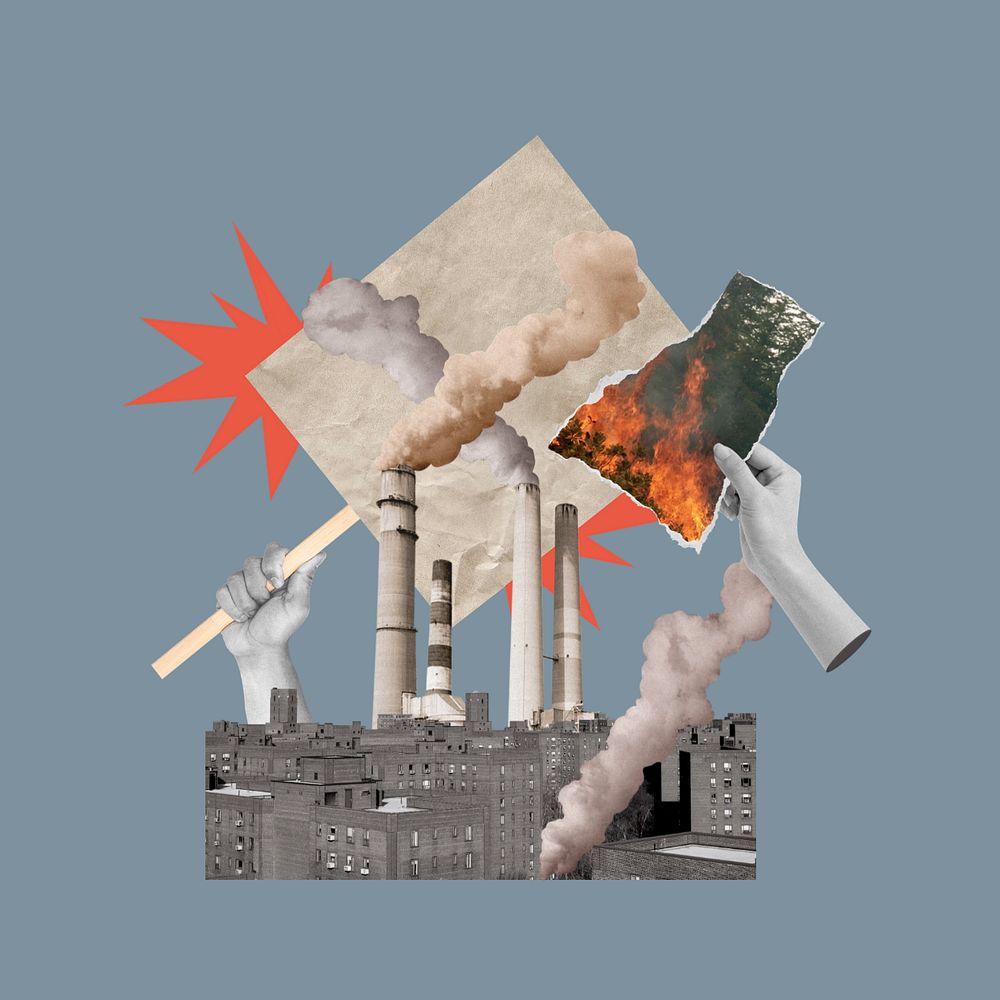 Air pollution factory, hands destroying environment remix, editable design