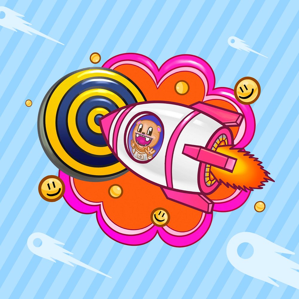 Funky flying rocket hitting target cartoon, editable digital marketing design