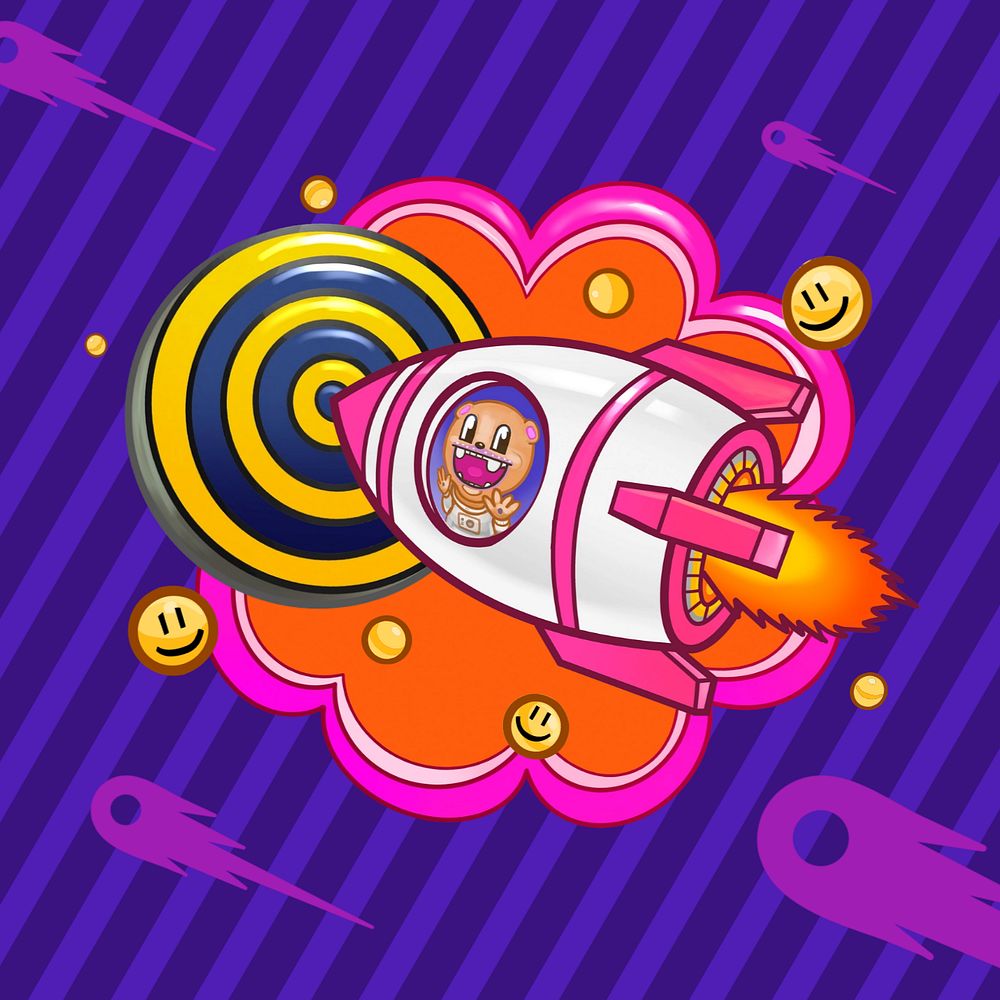 Funky digital marketing cartoon, editable rocket hitting target design