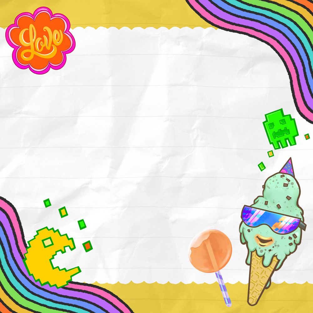 Colorful ice-cream border, editable funky character design