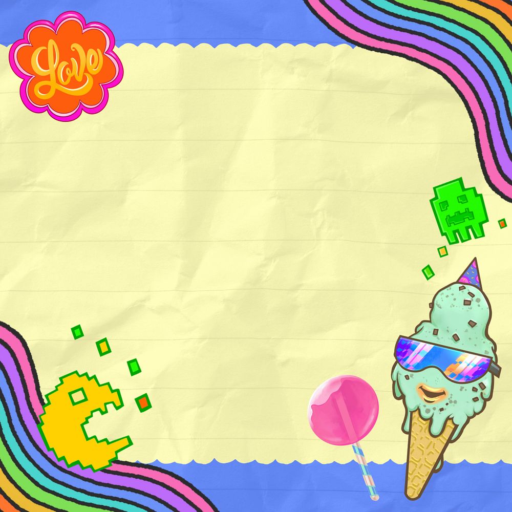 Funky ice-cream border, editable wrinkled lined notepaper design