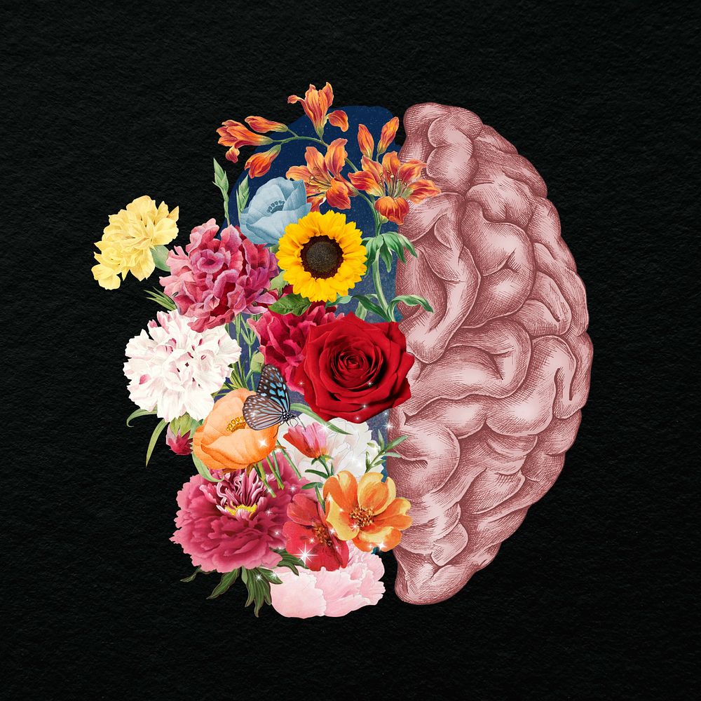 Floral human brain, surreal mental health remix, editable design