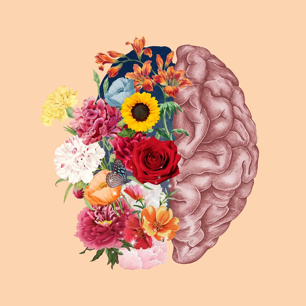 Floral human brain, surreal mental health remix, editable design