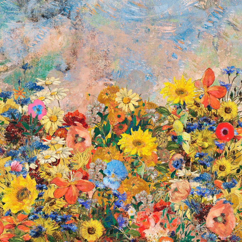 Odilon Redon's flower border background, remixed by rawpixel