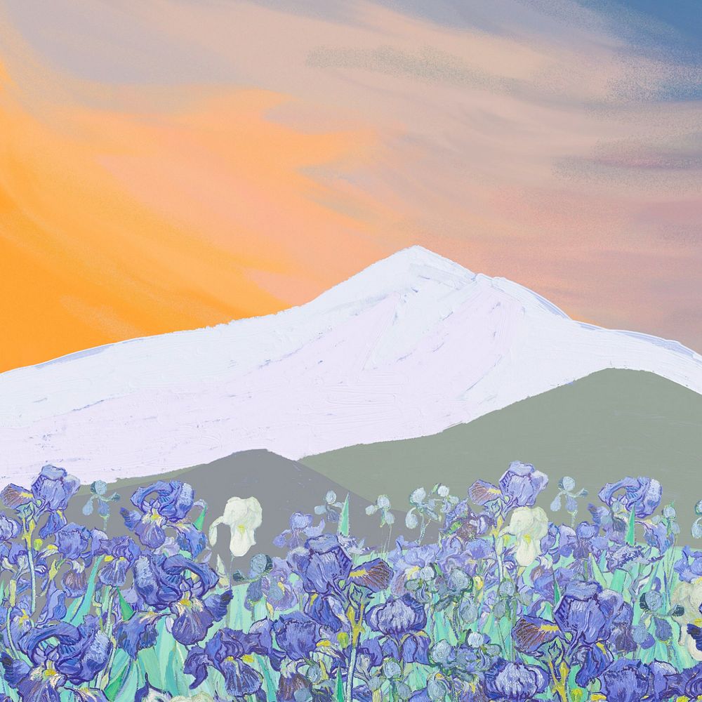 Mountain & Van Gogh's irises background, remixed by rawpixel