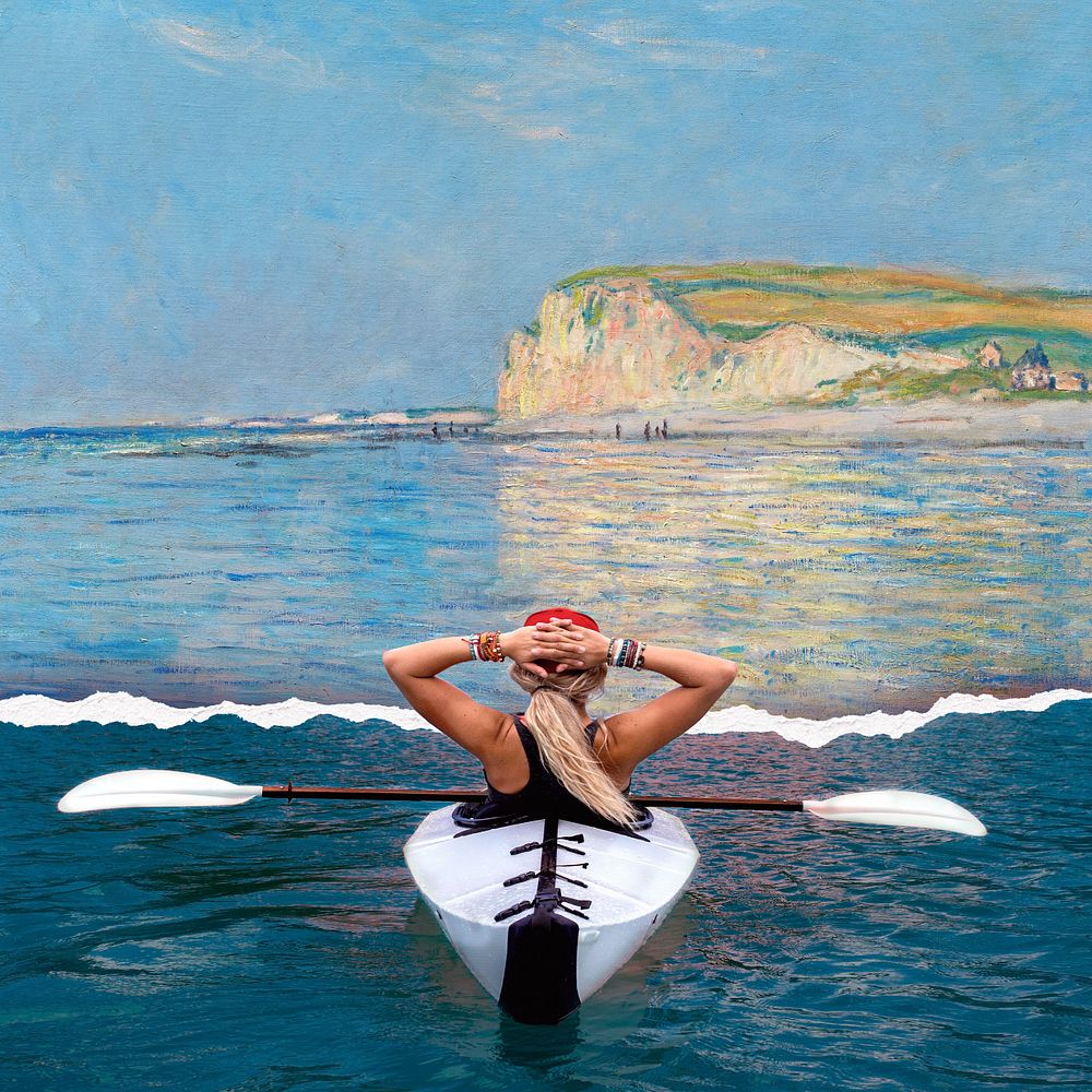 Kayaking woman, Monet art remix. Remixed by rawpixel.