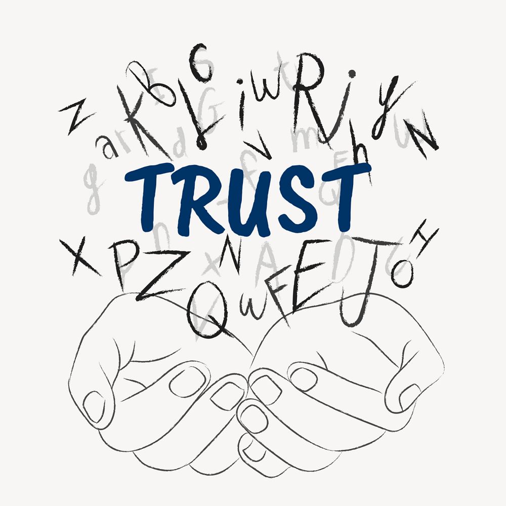 Trust word sticker, editable typography, hands cupping alphabet letters