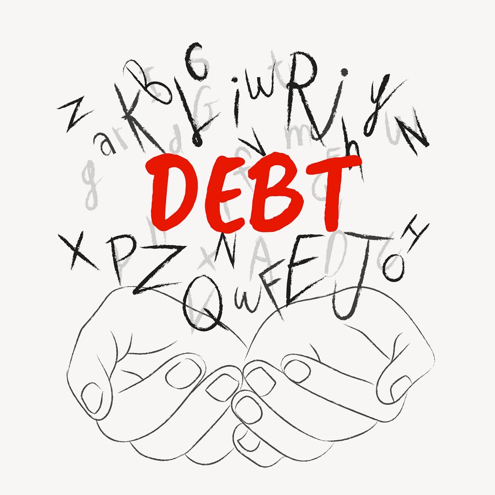 Debt word sticker, editable typography, hands cupping alphabet letters