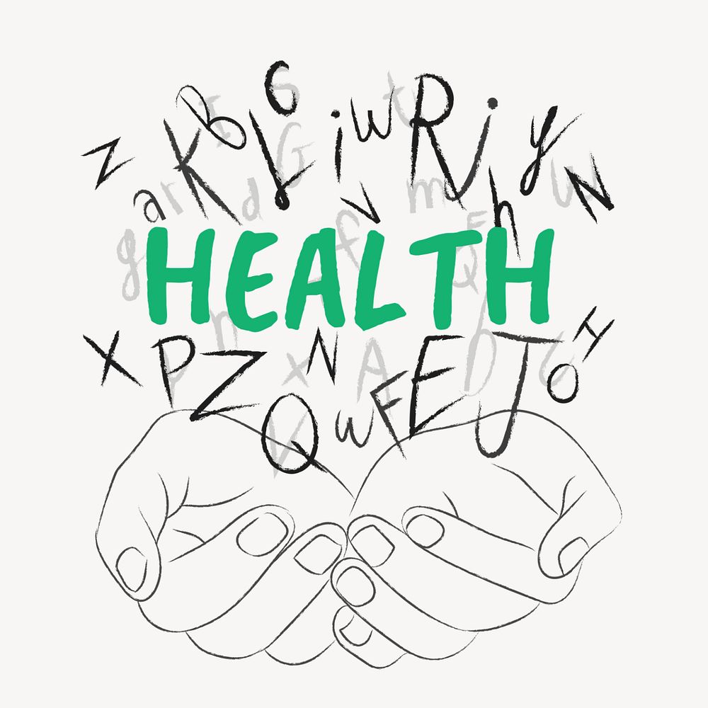 Health word sticker, editable typography, hands cupping alphabet letters