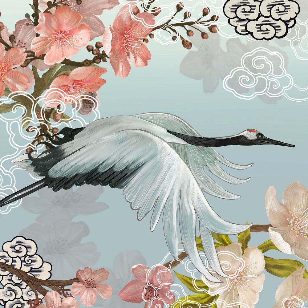 Japanese crane bird, sakura aesthetic illustration, editable design