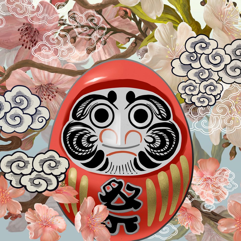 Japanese Daruma doll, traditional illustration, editable design