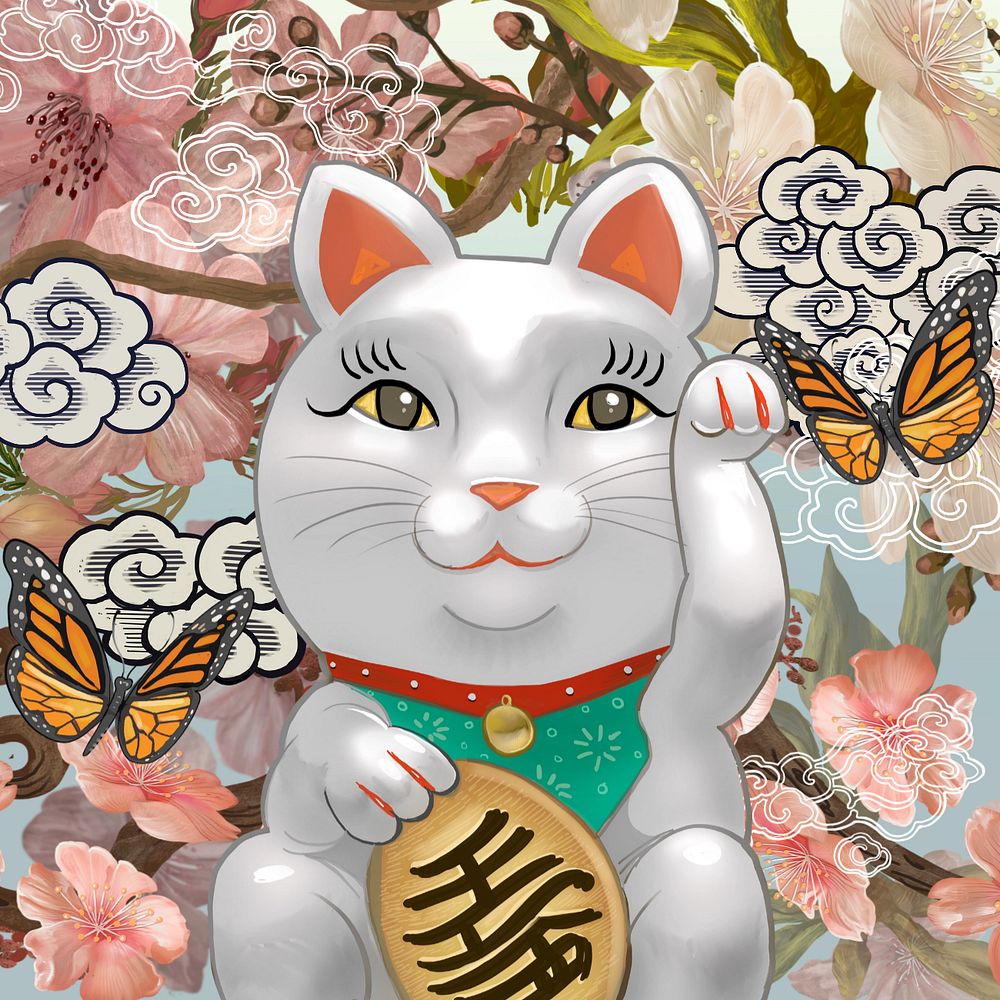 Japanese waving cat, Maneki Neko aesthetic illustration, editable design