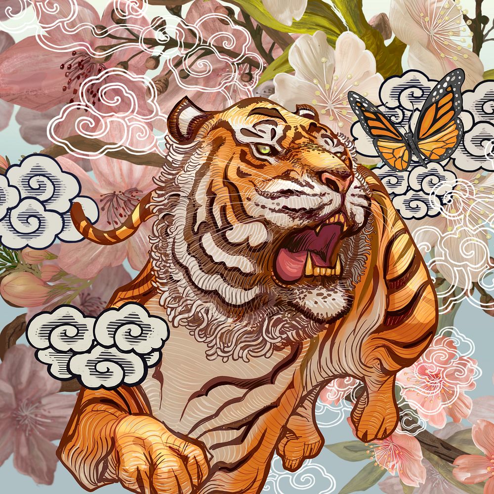 Aesthetic roaring tiger, Japanese traditional illustration, editable design