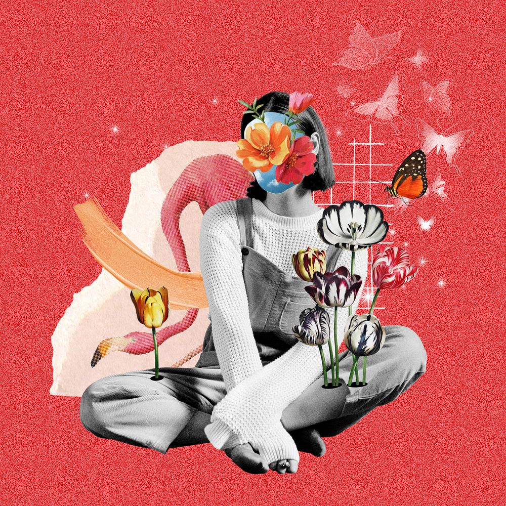 Faceless woman with flowers, surreal collage art, editable design