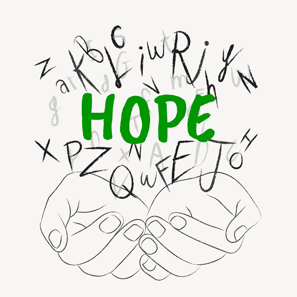 Hope word sticker, editable typography, hands cupping alphabet letters