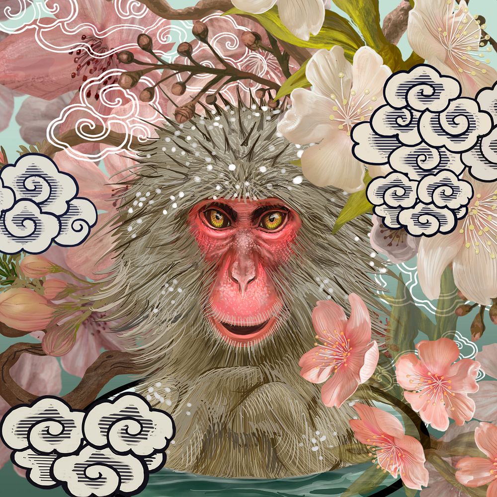 Japanese macaques onsen, floral traditional illustration, editable design