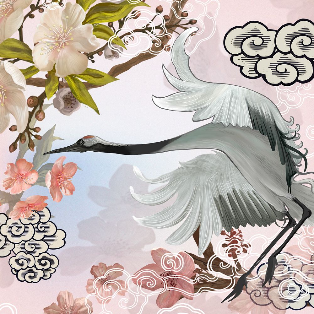 Japanese crane bird, sakura aesthetic illustration, editable design