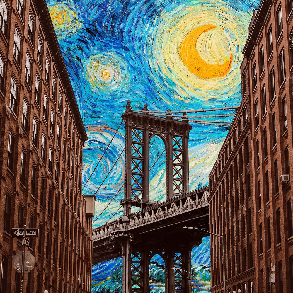 Manhattan Bridge, Starry Night art remix. Remixed by rawpixel.