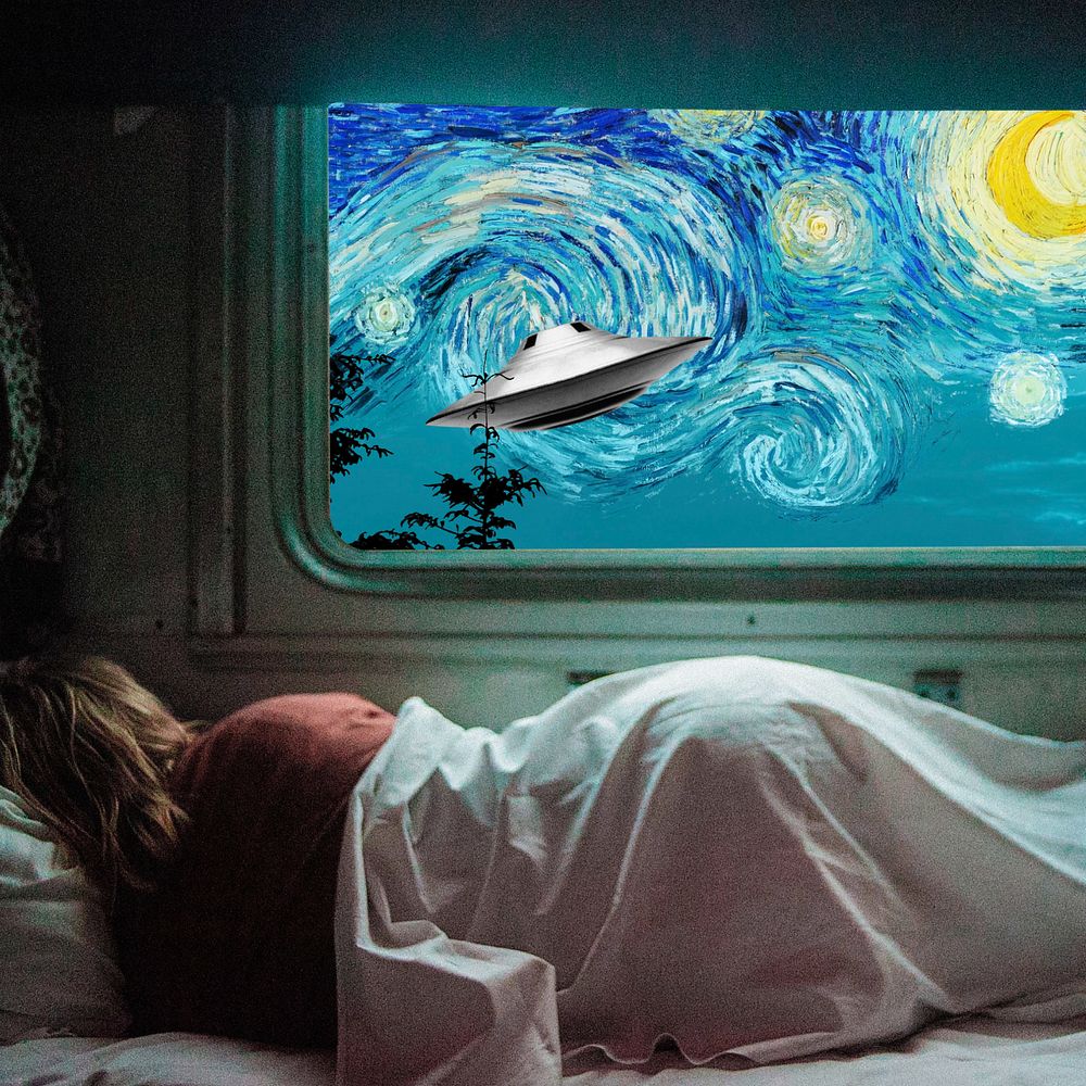 Sleeping woman, UFO Starry Night art remix. Remixed by rawpixel.