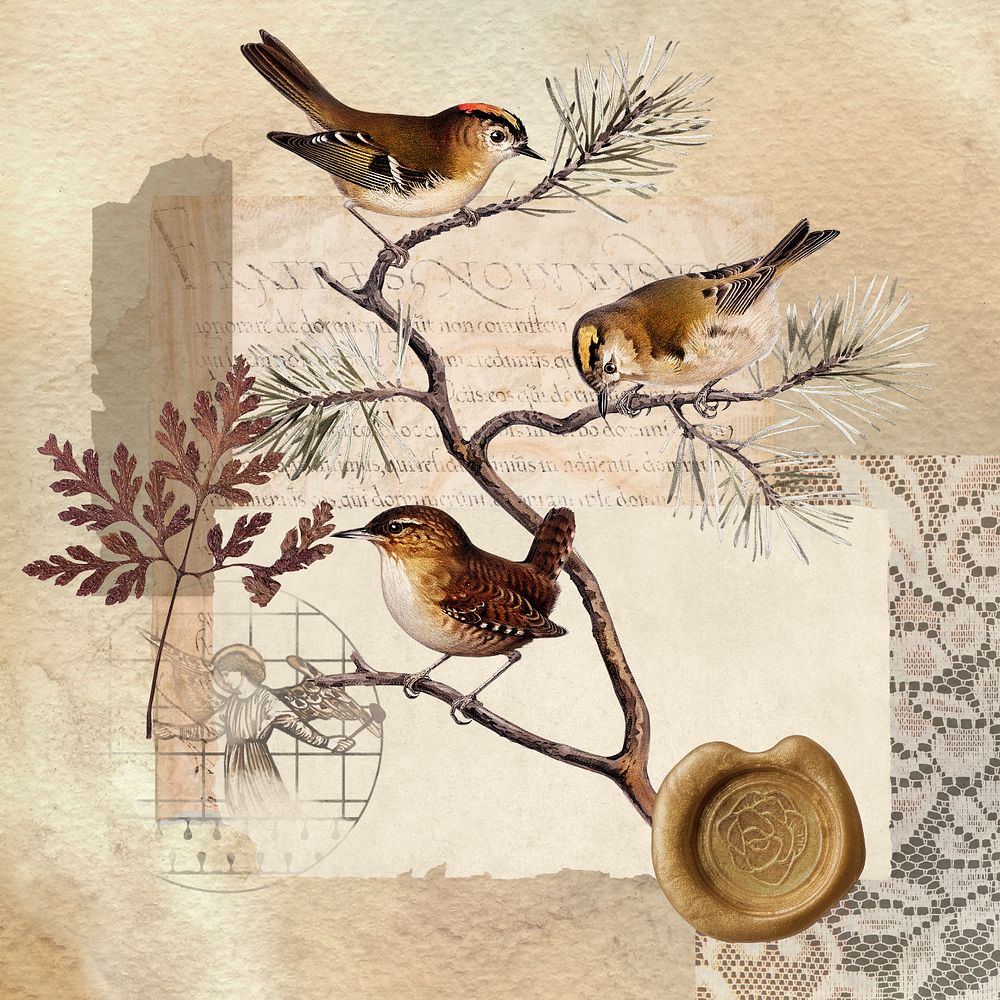 Autumn bird collage, nature aesthetic, editable design